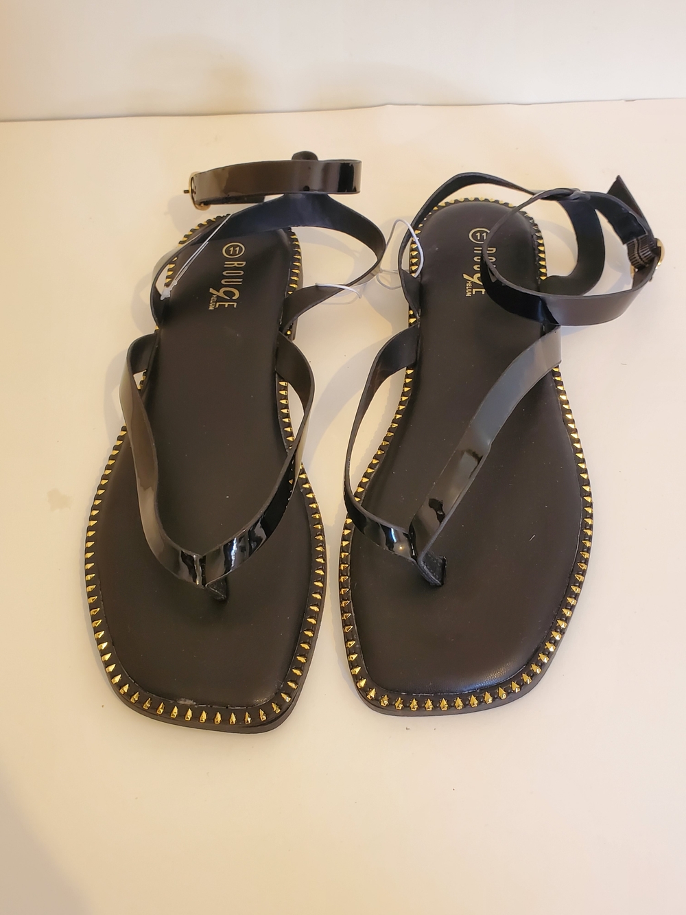 Rouge Helium Black Patent Ankle-Strap Sandals with Gold Stud Trim